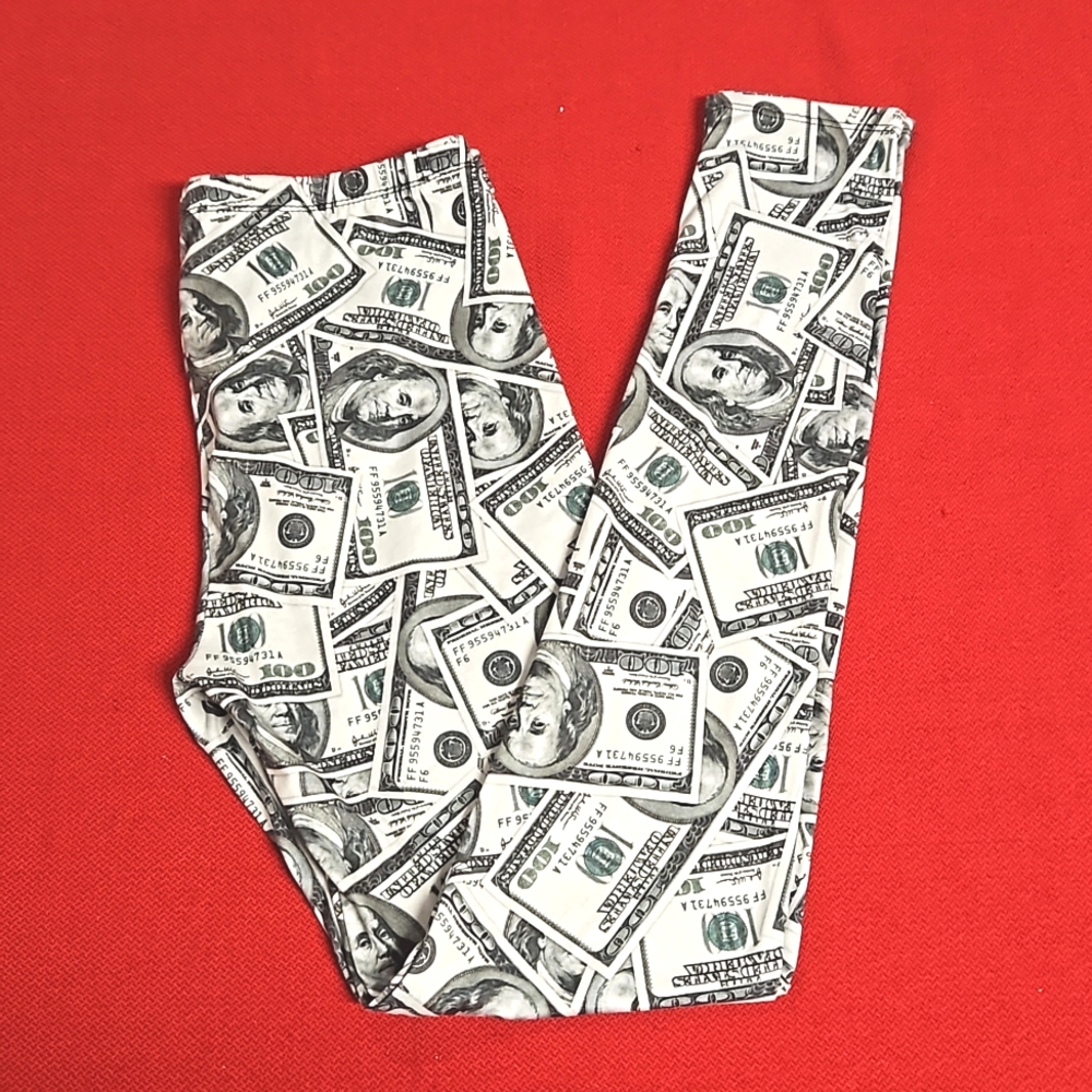 $100 bills graphics Benjamin Franklin money leggings size Medium EUC